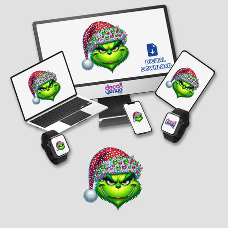 Bling Green Grouch Christmas Santa displayed on a computer monitor and laptop, featuring a cartoon character with a hat, available as stickers or digital artwork from Decal Venue.