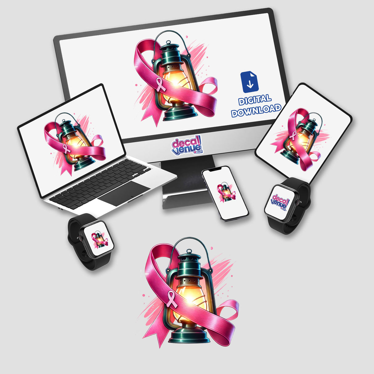 Pink Ribbon and Lantern Breast Cancer Awareness digital artwork featuring a computer monitor, laptop, tablet, cellphone, and smartwatch, each displaying a pink ribbon symbol.