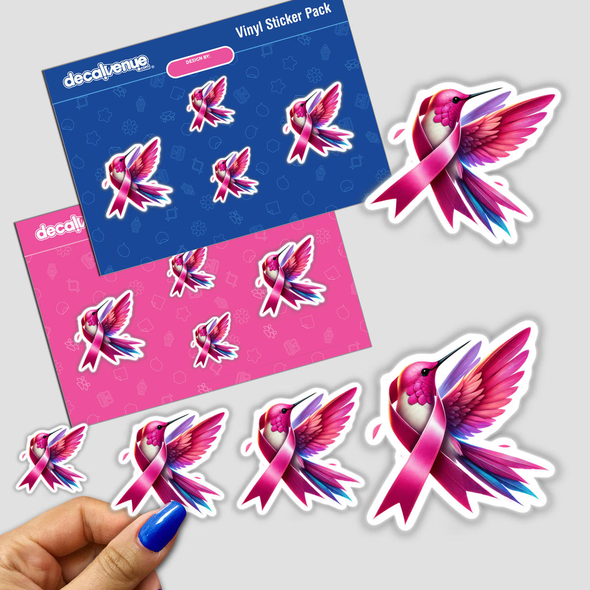 Hummingbird Pink Ribbon Breast Cancer stickers featuring birds with pink ribbons, available as stickers or digital artwork.