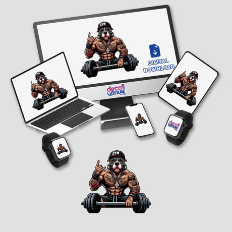 Hip Hop Gym Pitbull Dog sticker or digital artwork featuring a cartoon pitbull lifting weights, displayed on various devices including a computer and a laptop.