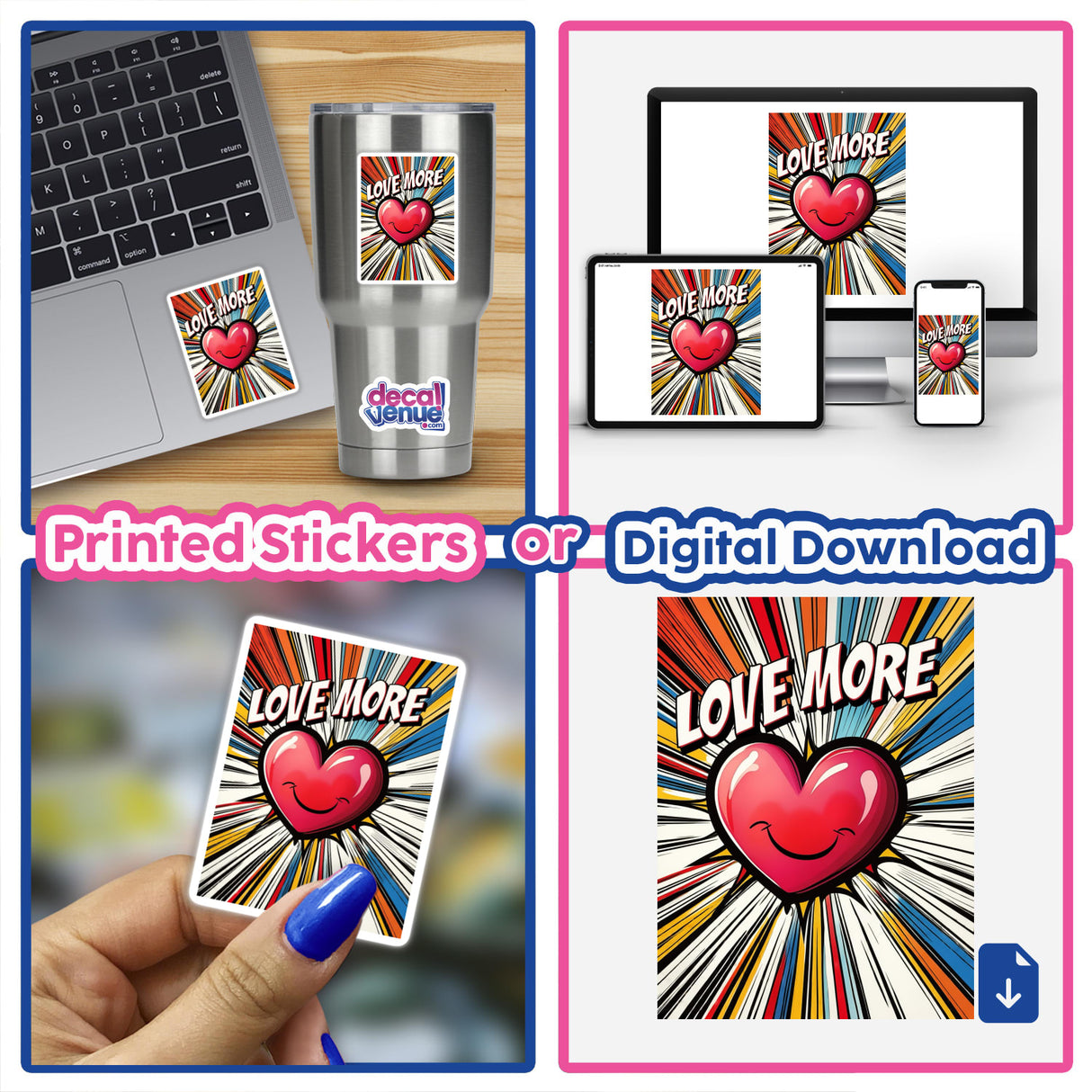 Love More Energetic Pop Art Heart stickers feature a vibrant heart with a smiling face, perfect for laptops. Available as vinyl stickers or digital artwork, capturing playful and energetic pop art style.