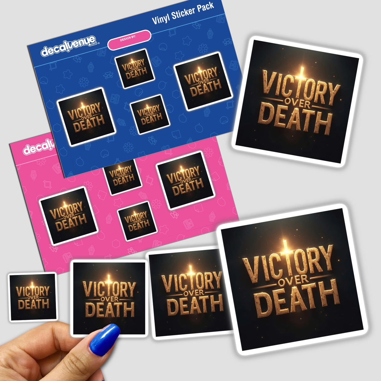 Hand holding the Victory Over Death - Christian Easter Sticker or Clipart, featuring intricate gold text design. Available as stickers or digital artwork with commercial rights.