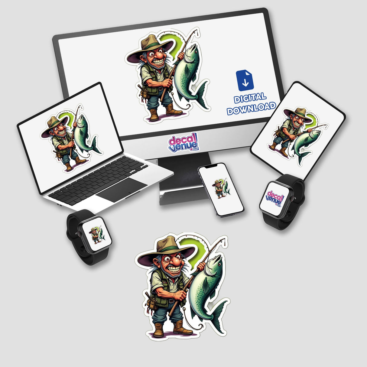 Computer monitor and laptop displaying A Super Tainha digital artwork featuring a cartoon fisherman holding a fish. Available as stickers or digital artwork.