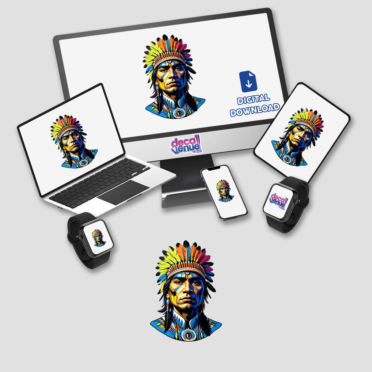 A Native American Warrior Chief depicted on a computer monitor and laptop, showcasing intricate digital artwork available as stickers or digital art from Decal Venue.