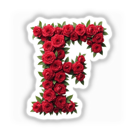 Elegant Floral Letter F Clipart - Downloadable Sticker with Commercial Rights: Intricately arranged roses and green leaves forming the letter F, perfect for unique digital or sticker art projects.