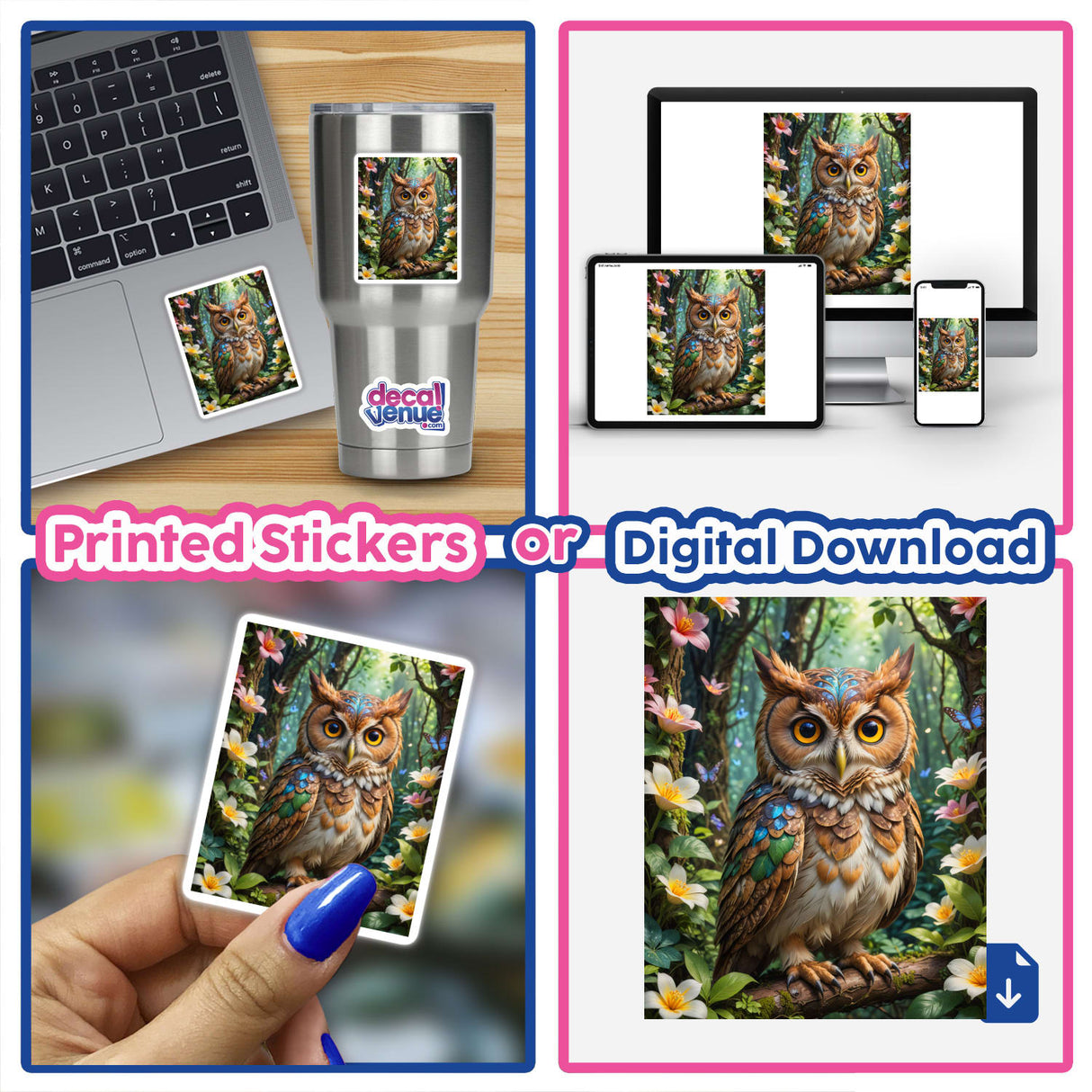 Collage featuring A Lovely Owl With Blooming Flowers on a laptop sticker and digital artwork, showcasing intricate owl design with floral elements. Available at Decal Venue as stickers or digital art.