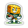 Cartoon cheese mascot titled Cheese Head Football Fan, holding a football, available as stickers or digital artwork from Decal Venue.