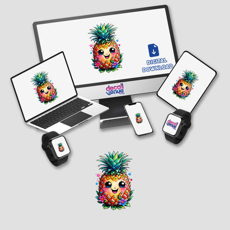 Computer monitor and laptop displaying the Sunshine Smiles: Rainbow Floral Pineapple Sticker with cartoon pineapples. Available as stickers or digital artwork from Decal Venue.