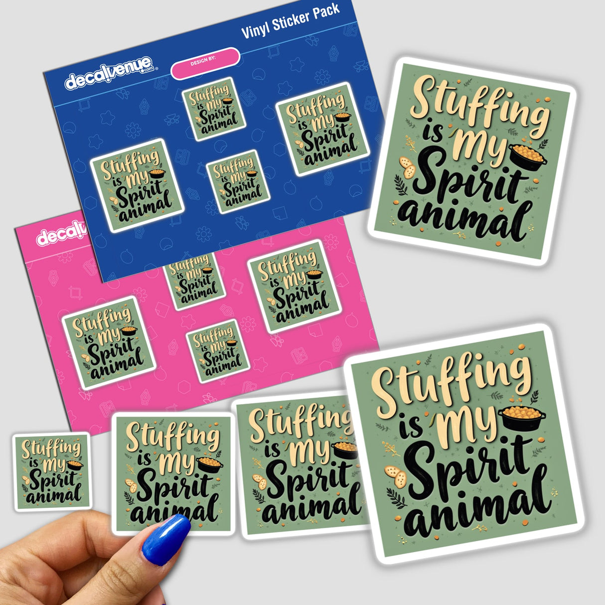 Hand holding a Stuffing Is My Spirit Animal Thanksgiving Sticker or Clipart pack, showcasing unique designs, available as stickers or digital artwork with commercial rights from Decal Venue.