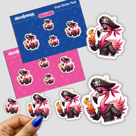 Vibrant flamingo pirate stickers with tropical drink, available as stickers or digital download format from Decal Venue, an online store offering unique stickers and digital art.