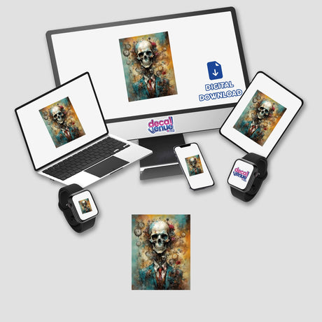 Beautiful bones digital artwork featuring a skull on a laptop, computer monitor, tablet, and smartwatch. Available as stickers or digital artwork from Decal Venue.