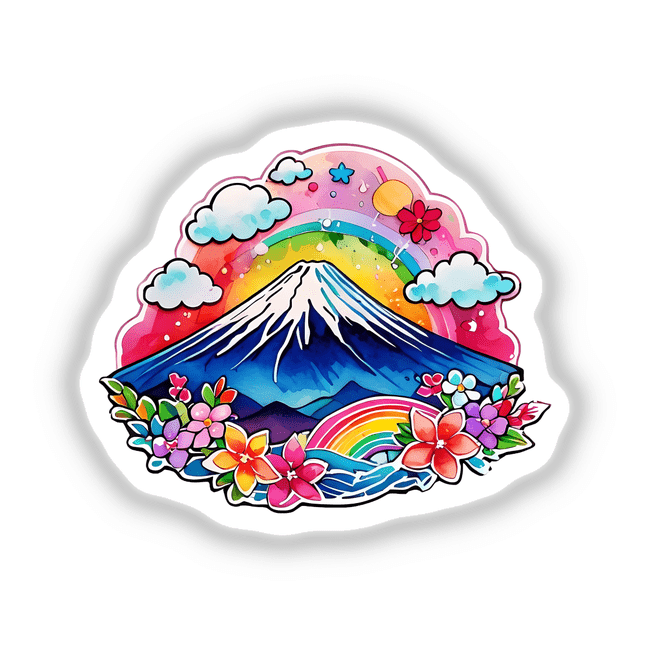 Sticker of Rainbow Mt. Fuji Japan, featuring a mountain with a rainbow and flowers, available as stickers or digital artwork from Decal Venue.