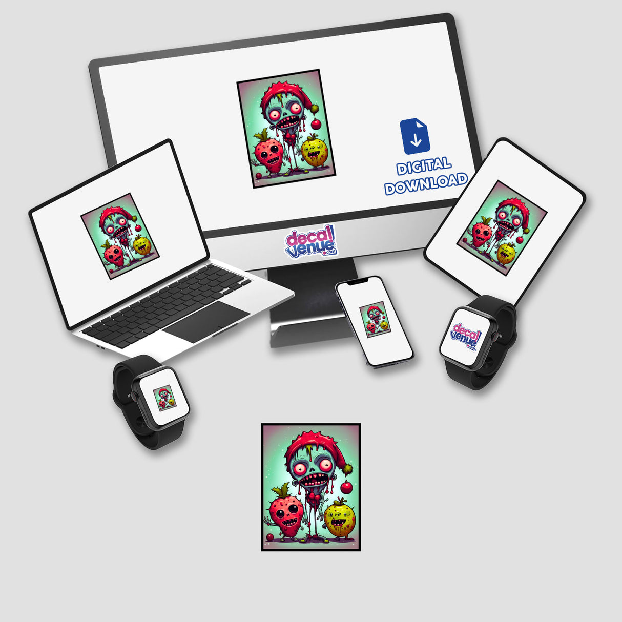 Zombiefruit Christmas stickers and digital artwork showcased on a laptop and monitor, featuring animated zombie characters with fruits, ideal for fans of unique, quirky designs.