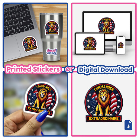 Collage of stickers featuring 0009 - COMMANDER EXTRAORDINAIRE, including a lion with a flag, ideal for laptops and personal items. Available as stickers or digital artwork.