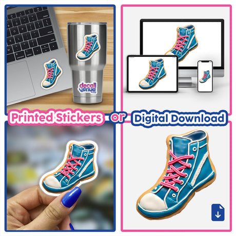 Shoe Shaped Cookie with Pink Laces and Blue Trim, depicted in a collage with a laptop and keyboard, available as stickers or digital artwork from Decal Venue.