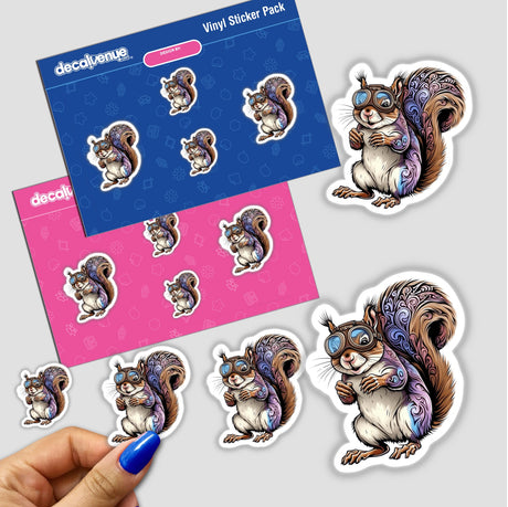 Whimsical Squirrel with Intricate Tail and Vintage Goggles depicted on a sticker, showcasing a cartoon squirrel design, part of Decal Venue's unique vinyl sticker and digital art collection.