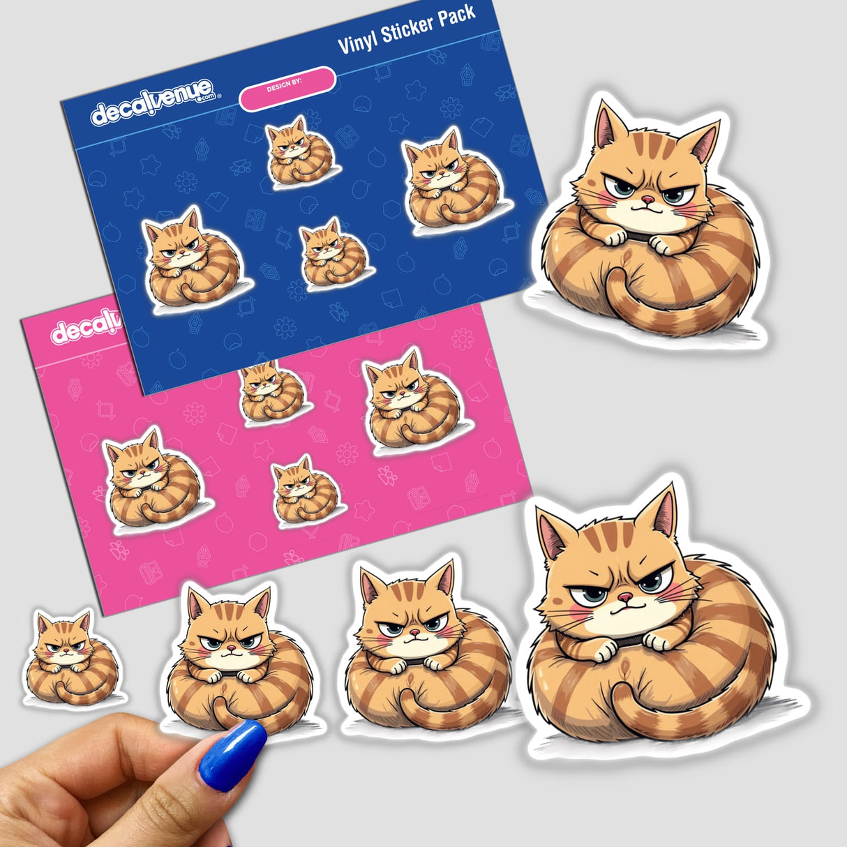 Cartoon Grumpy Striped Cat stickers, featuring various expressions and poses, perfect for adding character to your items. Available as stickers or digital artwork from Decal Venue.