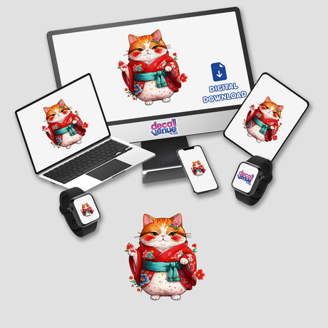 Chubby Kimono Kitty: Adorable Fat Cat in Red Robes displayed on screens including a laptop and monitor, with various digital devices showcasing the same cat in different poses.