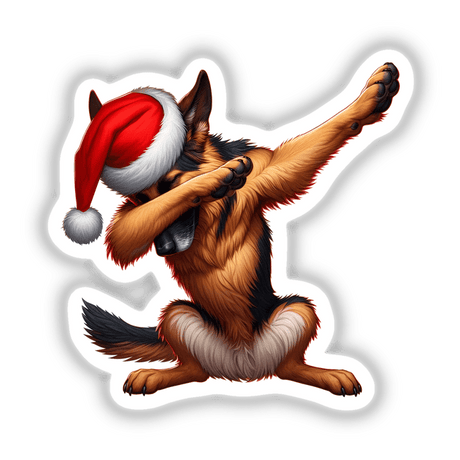 Dabbing German Shepherd in Santa Hat illustration, available as stickers or digital artwork, featuring a playful cartoon style perfect for holiday-themed decor.