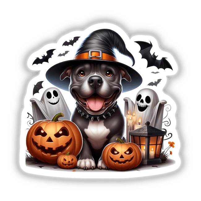 Playful Pitbull in Halloween Witch Hat with Spooky Ghosts and Jack-o'-Lanterns