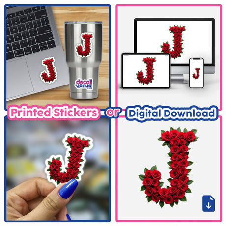 Elegant Floral Letter J Clipart - Downloadable Sticker with Commercial Rights, featuring a collage of laptops and close-up details of a hand holding a decorative letter J made of roses.