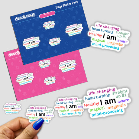 Morning Affirmations stickers, held in hand, featuring positive phrases. Ideal for personal inspiration or decor, available as physical stickers or digital artwork from Decal Venue's unique collection.