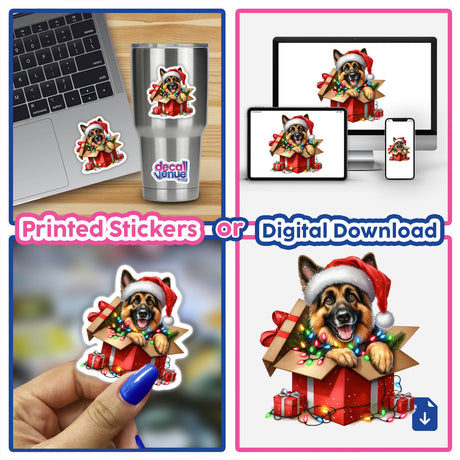 Christmas Lights Santa German Shepherd in Gift Box II: a collage featuring a playful German Shepherd adorned with Christmas lights and a Santa hat, available as stickers or digital artwork.