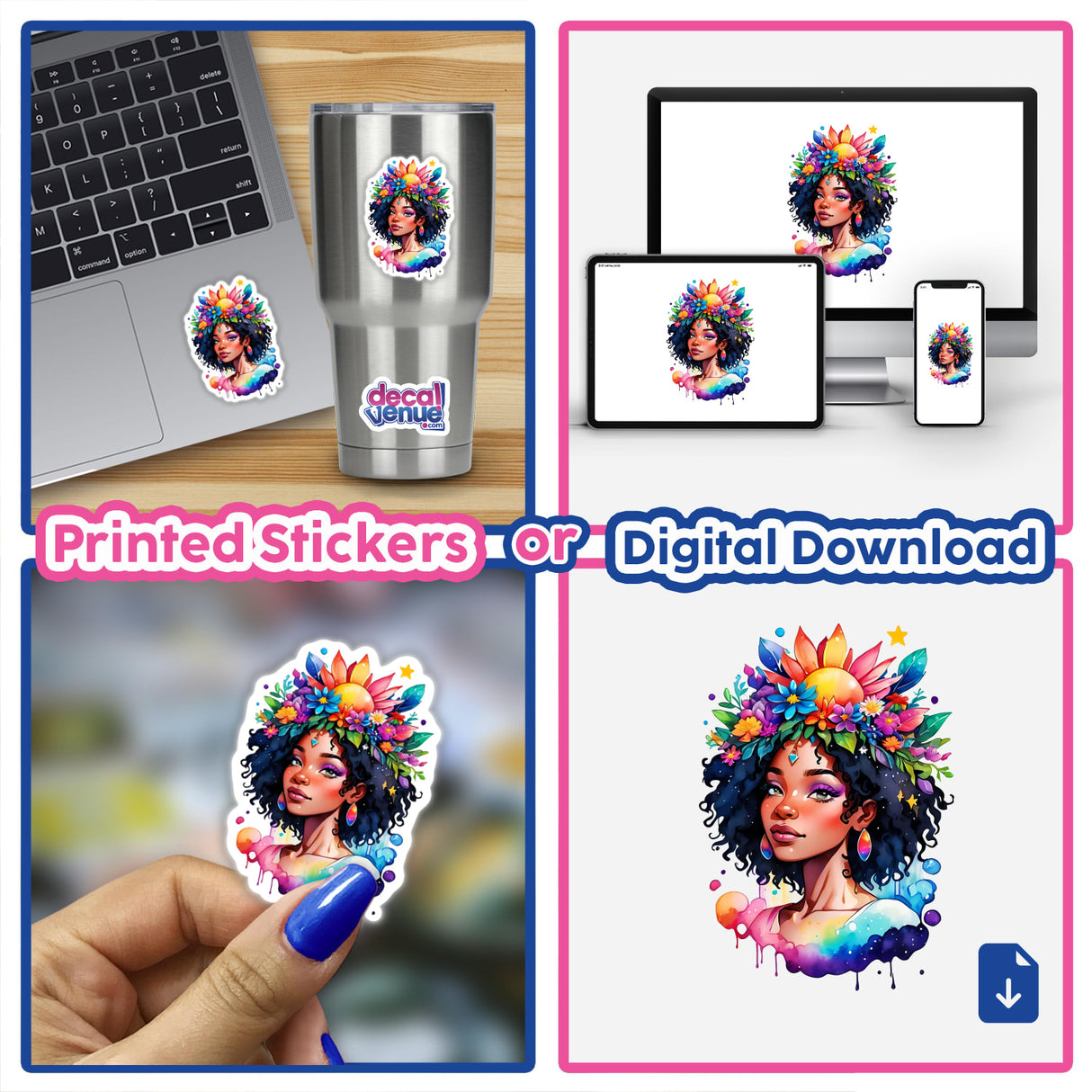 Ethereal Floral Crown Chakra Watercolor Sticker - Boho Black Woman Portrait, featuring a woman with colorful flowers in her hair, available as stickers or digital artwork.