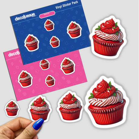 Delicious red velvet cupcake stickers, featuring detailed illustrations of the rich, moist cakes topped with swirls of creamy frosting. The stickers are part of a vinyl sticker pack from the Decal Venue online store, showcasing the store's collection of unique digital art and sticker designs.