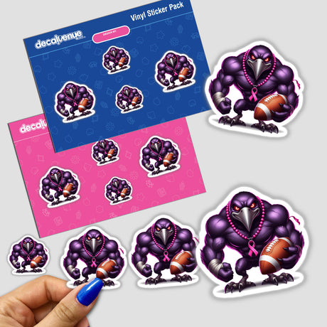 Stickers featuring a muscular purple raven bird holding a football, promoting Breast Cancer Awareness III, held by a person's hand. Available as physical stickers or digital artwork.