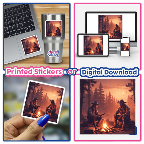 Collage showing Outback Retreat artwork featuring a man on a laptop, a campfire scene, and various close-ups, available as stickers or digital artwork from Decal Venue.