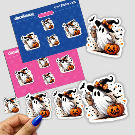 Cute Halloween Ghost w/ Drink and Pumpkin sticker held by a hand with blue nail polish, featuring a cartoon ghost holding a drink and pumpkin.