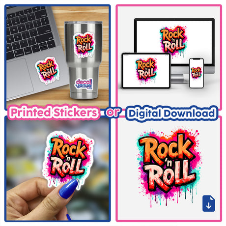 Rock 'n Roll Graffiti Art collage featuring a laptop with stickers, a finger painting a logo, and a colorful paint splatter, available as stickers or digital artwork from Decal Venue.