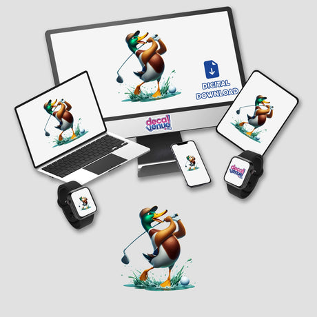 Silly Face Mallard Duck Golfer sticker or digital art featuring a cartoon duck with a golf club displayed on various devices, including a computer monitor, laptop, tablet, smartphone, and smartwatch.