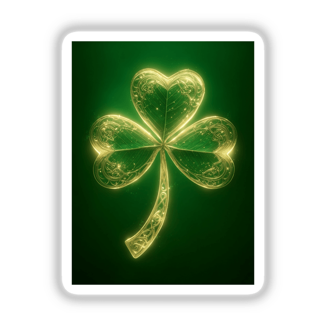 Radiant Shamrock – Glowing Golden Clover with Intricate Celtic Details featured on a green card, available as stickers or digital artwork from Decal Venue.