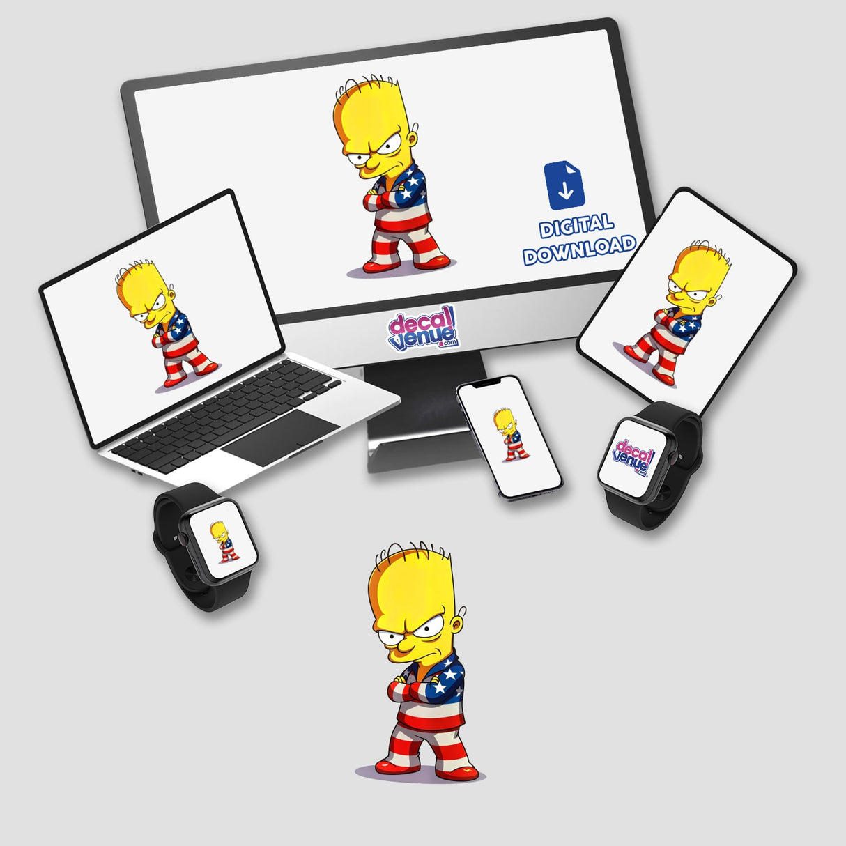 Funny cartoon character with an American flag outfit displayed on a computer monitor and laptop screen, available as stickers or digital artwork from Decal Venue.