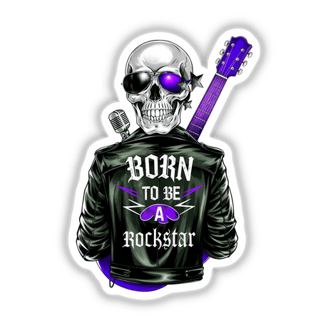 Skull in a leather jacket with sunglasses, microphone, and guitar, embodying the Born To Be A Rockstar theme. Available as stickers or digital artwork from Decal Venue.