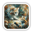 Maine Coon Kitty 4: A detailed painting of cats in a garden, perfect as stickers or digital artwork, highlighting a cat with striking green eyes.