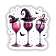 Halloween Witchy Wine Glasses II: Illustrated wine glasses adorned with whimsical witch hats, available as stickers or digital artwork.