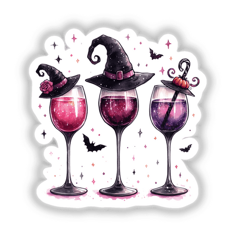 Halloween Witchy Wine Glasses II: Illustrated wine glasses adorned with whimsical witch hats, available as stickers or digital artwork.