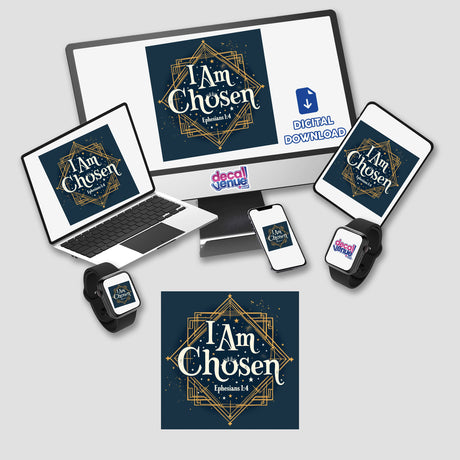 I Am Chosen - Ephesians 1:4 | Christian Faith-Based Sticker or Clipart, featuring a computer monitor, laptop, and phone displaying logos, available as stickers or digital artwork.