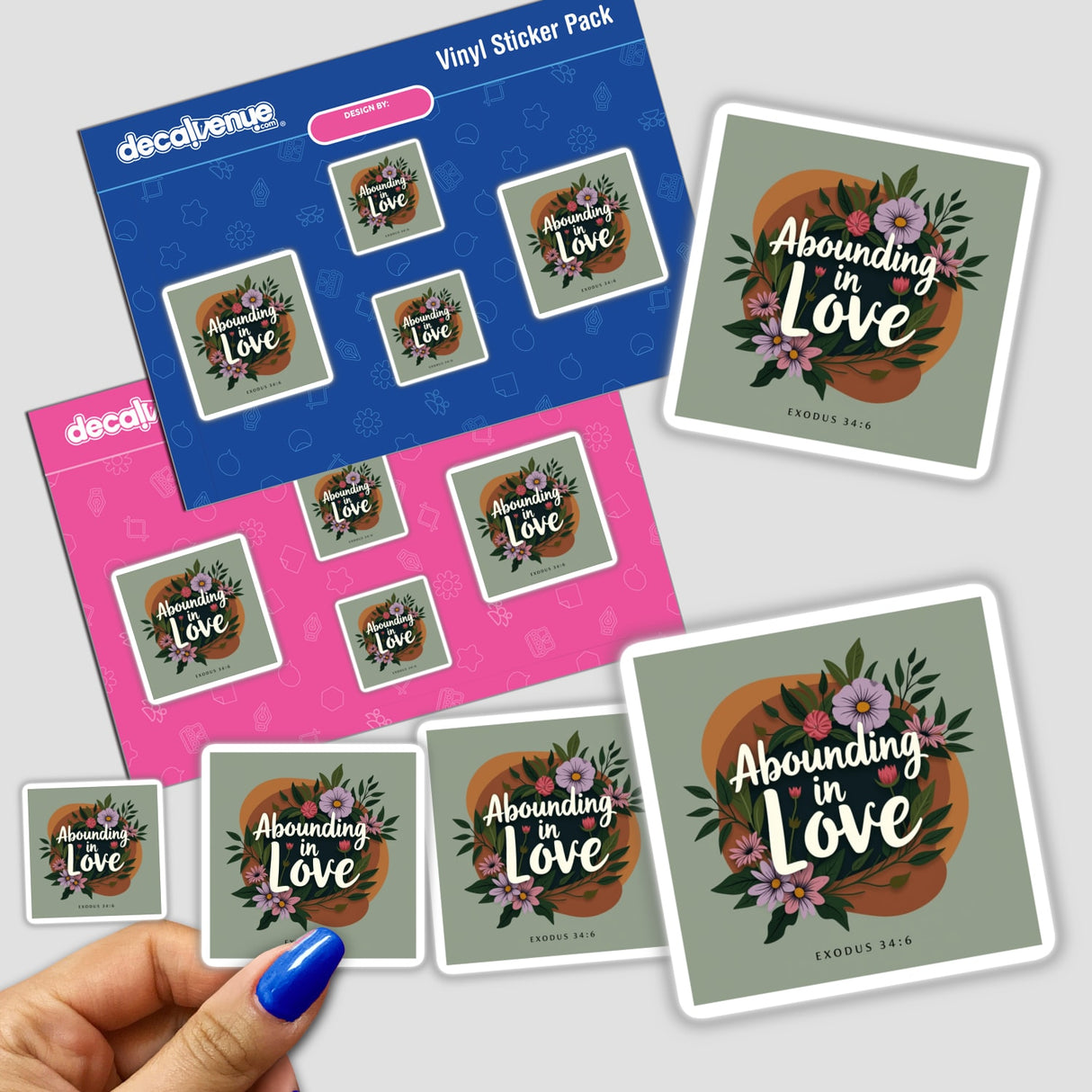 Hand holding an Abounding in Love – Exodus 34:6 Christian sticker pack, showcasing unique designs available as stickers or digital artwork with commercial rights from Decal Venue.