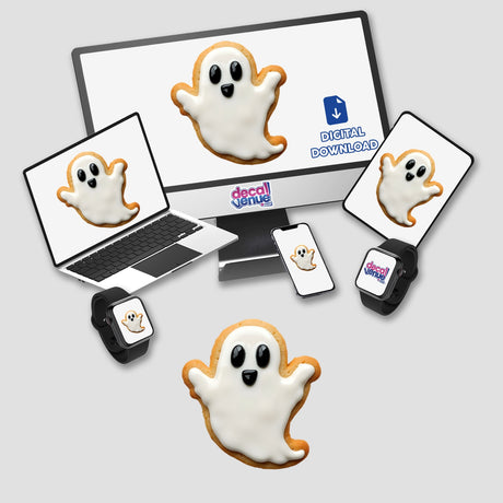 Ghost Shaped Cookie with White Icing and Black Eyes displayed on a computer monitor and laptop screen, available as stickers or digital artwork from Decal Venue.