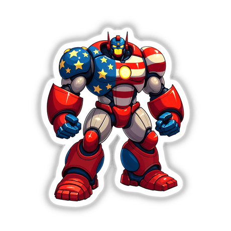 Cartoon of A Cool American Flag Army Robot featuring a blue helmet with yellow stars and a red robot arm, available as stickers or digital artwork from Decal Venue.