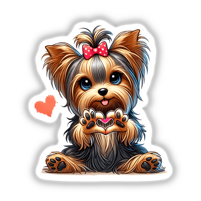 Yorkie Dog Heart Gestures II: A cartoon dog holds a heart with its paws, available as stickers or digital artwork, ideal for adding a playful touch to any surface.