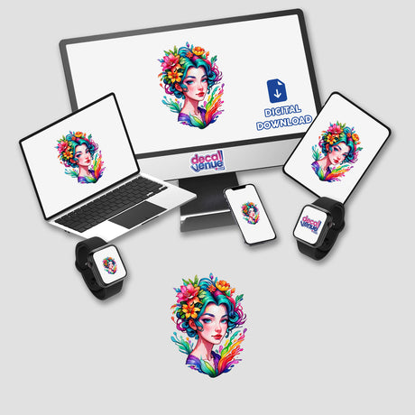 Rainbow Flower Splash Portrait Sticker Design: Vibrant Floral Art featuring a woman with colorful hair and flowers, displayed on digital devices including a computer monitor, laptop, and cell phone.