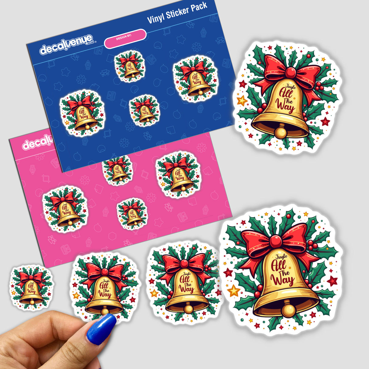 Festive Jingle All the Way Bell Christmas sticker featuring a bell with a bow and holly leaves, held by a hand.