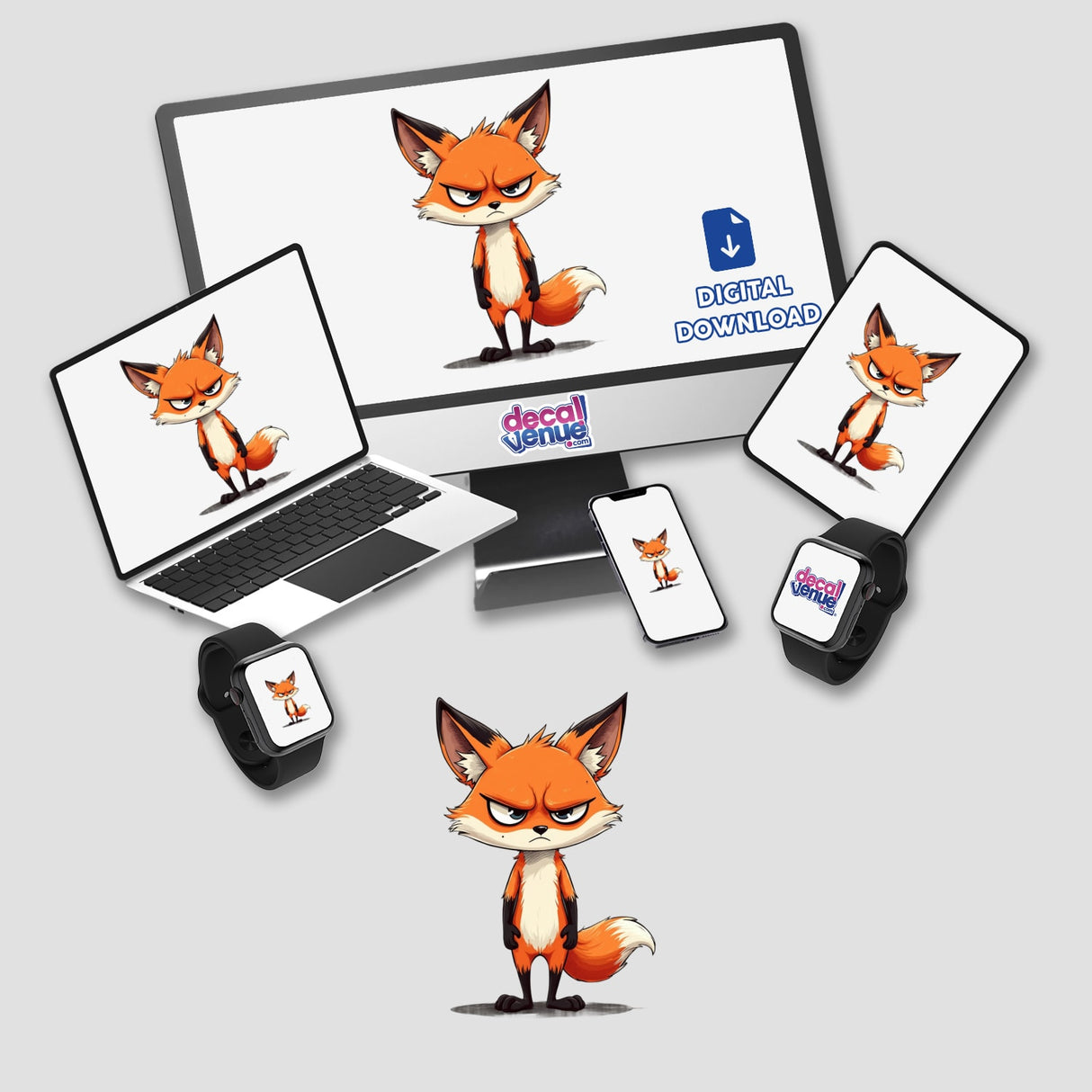 Cartoon of an angry fox with an intense stare displayed on a laptop screen, available as stickers or digital artwork.