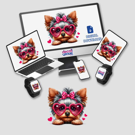 Yorkie in Heart Sunglasses featured on a laptop screen, showcasing digital artwork with a dog wearing pink heart-shaped sunglasses. Available as unique stickers or digital artwork from Decal Venue.