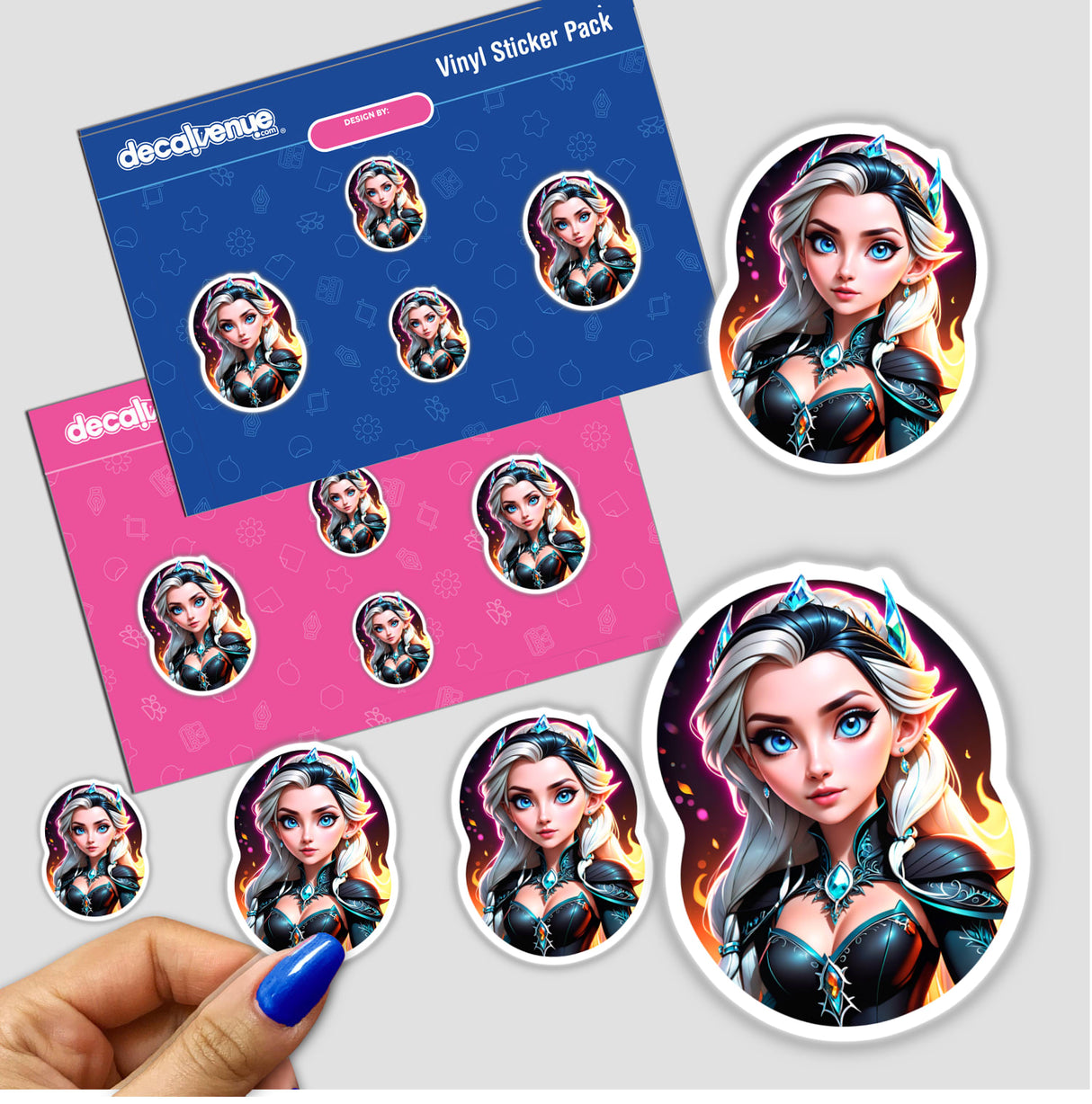 Hand holding a sticker pack titled An Evil Queen Anime Girl, featuring cartoon women. Available as stickers or digital artwork, exemplifying Decal Venue's unique vinyl collection.